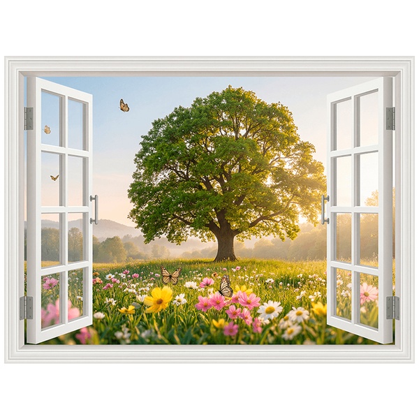 Wandtattoos: Fenster Baum und Blumenwiese