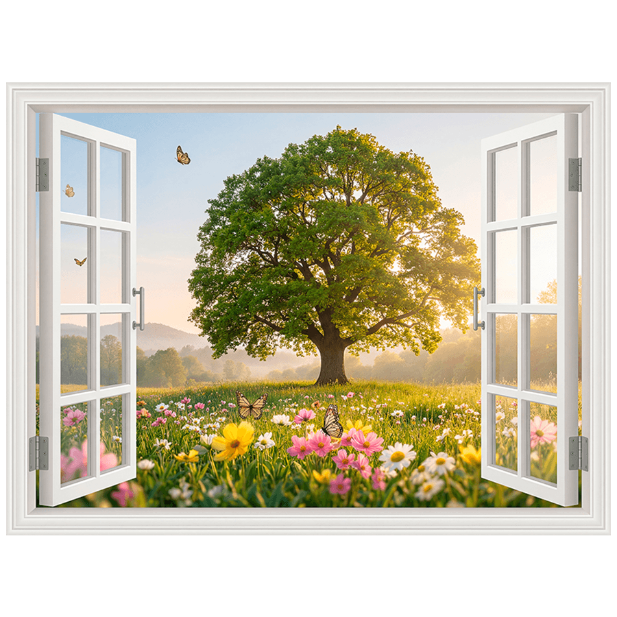 Wandtattoos: Fenster Baum und Blumenwiese