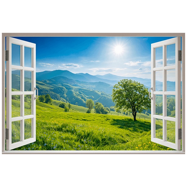 Wandtattoos: Fenster mit grüner Berglandschaft