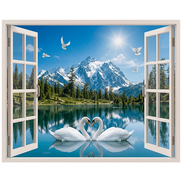 Wandtattoos: Fenster Alpensee mit Schwänen