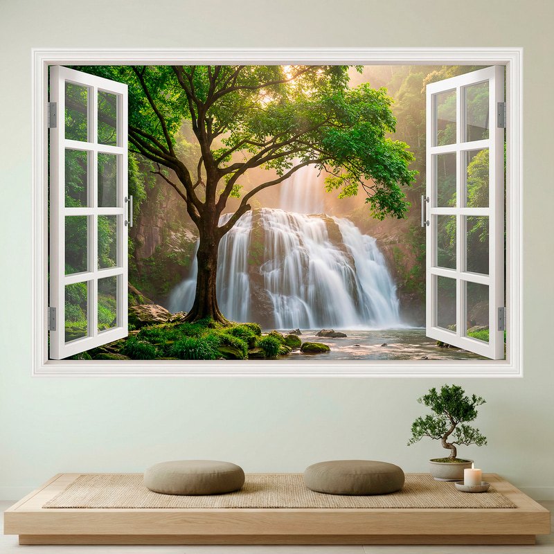 Wandtattoos: Fenster Waldwasserfall im Sonnenlicht