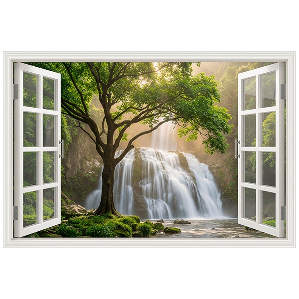 Wandtattoos: Fenster Waldwasserfall im Sonnenlicht