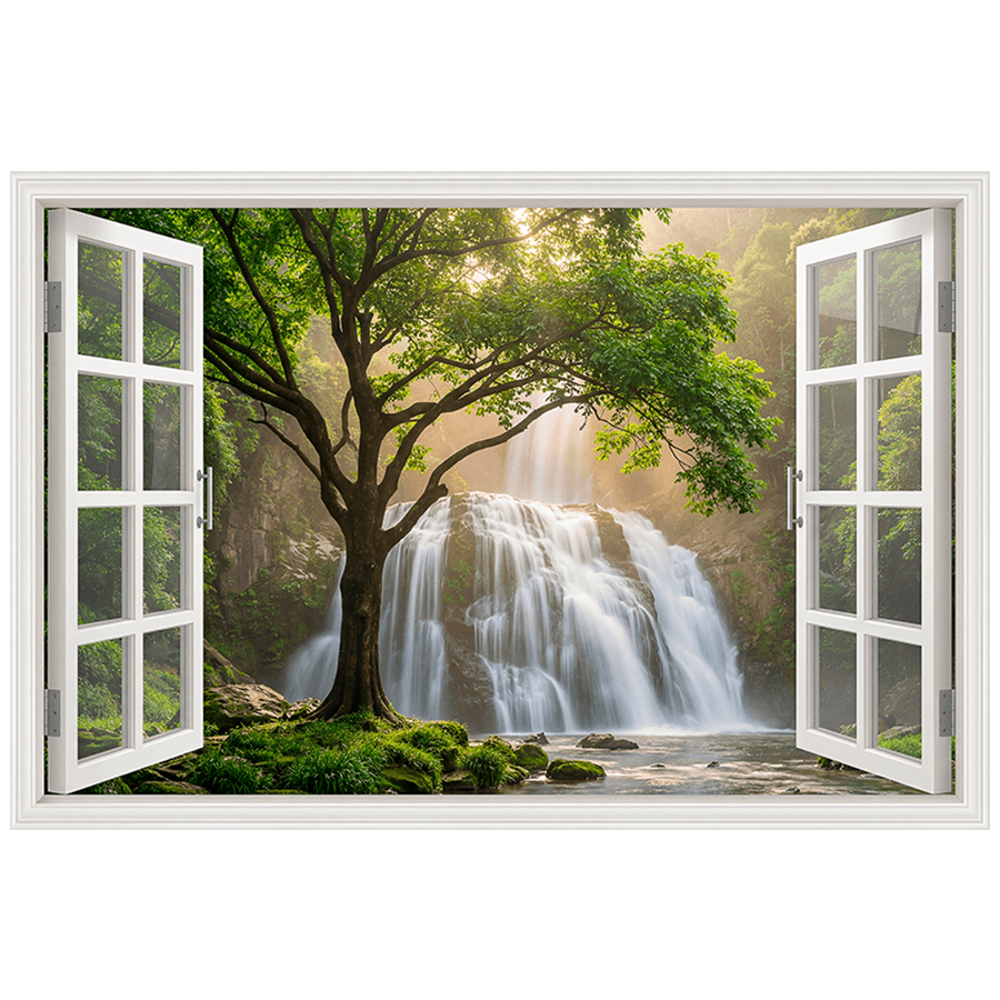 Wandtattoos: Fenster Waldwasserfall im Sonnenlicht