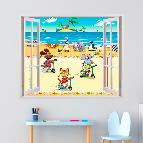 Kinderzimmer Wandtattoo: Fenster Rennen am Strand