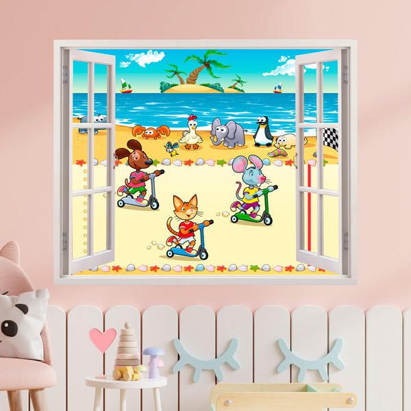 Kinderzimmer Wandtattoo: Fenster Rennen am Strand