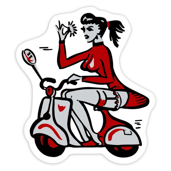 Aufkleber: Mädchen auf Vespa mit OK-Geste