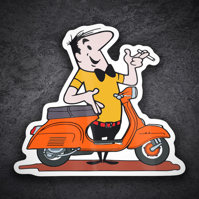 Aufkleber: Cartoon Mann mit Orangefarbener Vespa
