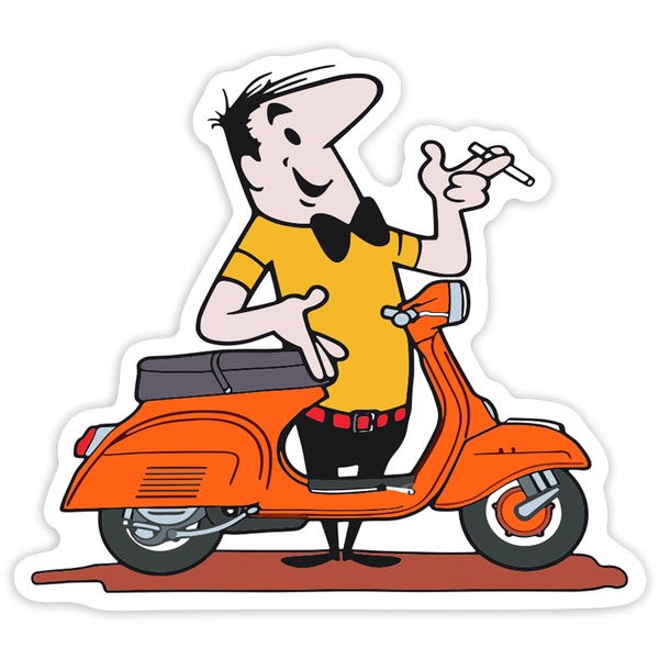 Aufkleber: Cartoon Mann mit Orangefarbener Vespa