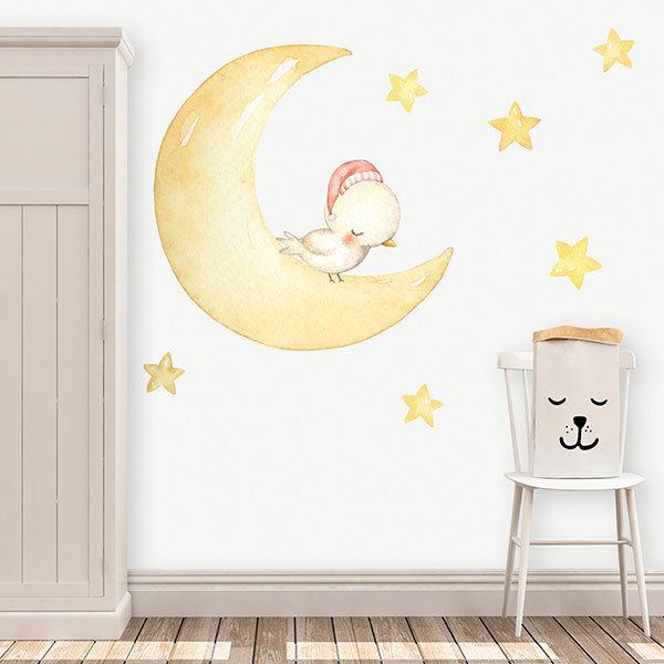 Kinderzimmer Wandtattoo: Vogel schläft auf dem Mond