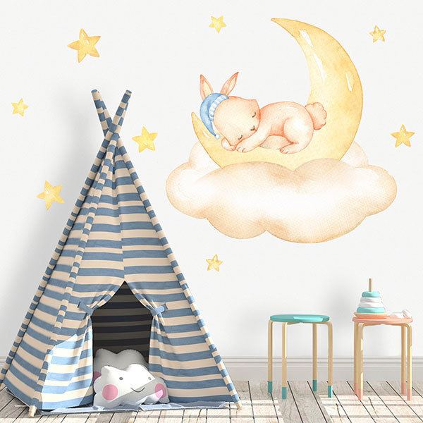Kinderzimmer Wandtattoo: Kaninchen schläft auf dem Mond