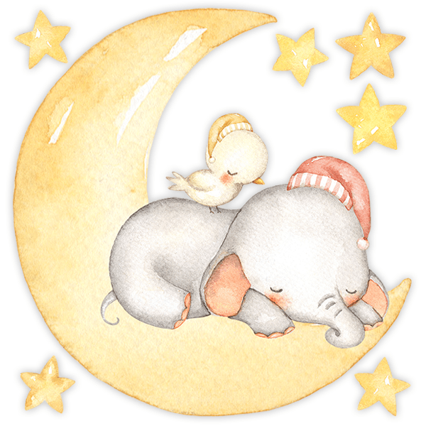 Kinderzimmer Wandtattoo: Elefant und Küken schlafen auf dem Mond.