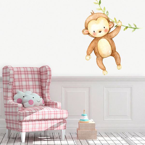 Kinderzimmer Wandtattoo: Affe mit Zweig in Aquarellfarbe