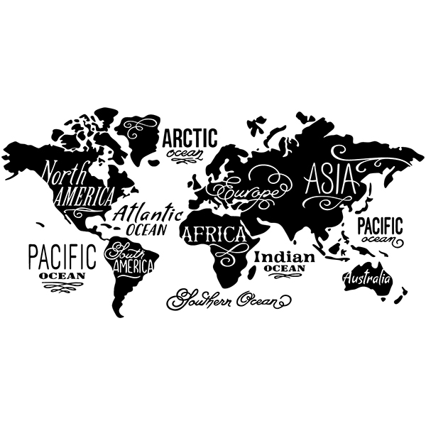 Aufkleber: Weltkarte auf englisch, Ozeane und Kontinente