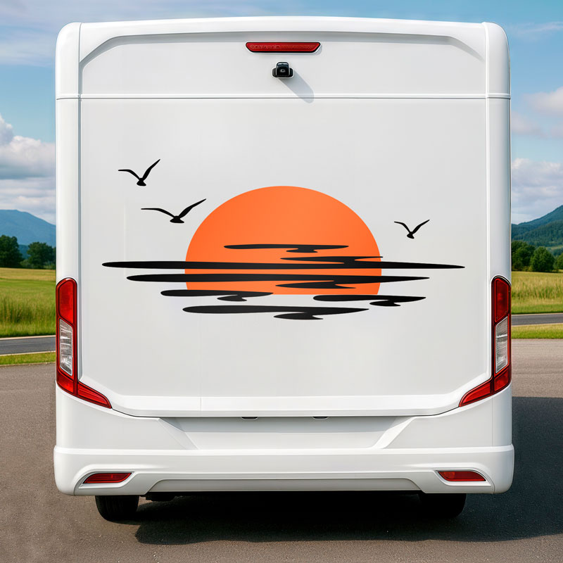 Wohnmobil aufkleber: Sonnenuntergang zwischen Wolken und Vögeln