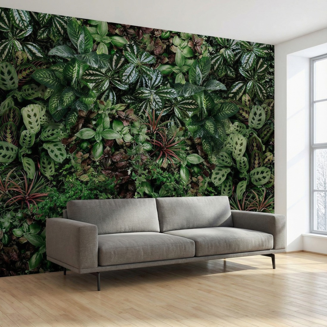 Pflanzenwand-Fototapete im Wohnzimmer